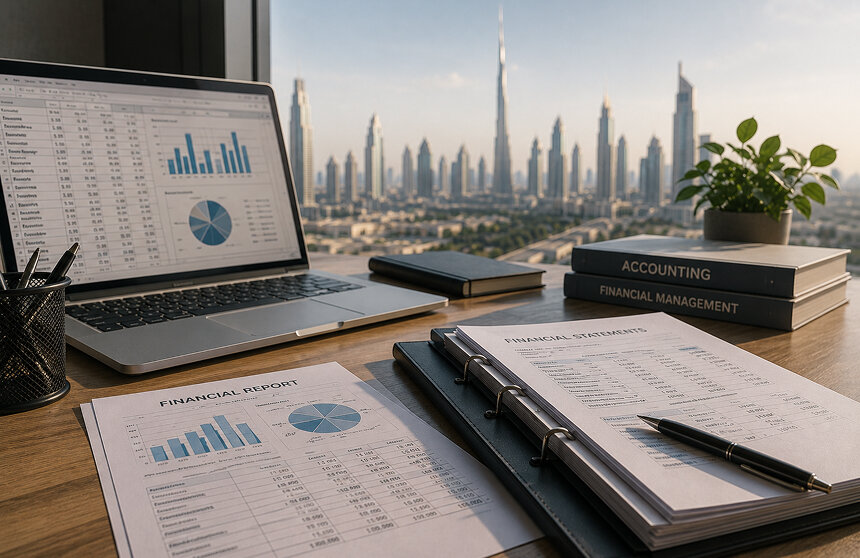 Financial reports and accounting statements on a desk with a laptop and Dubai skyline view