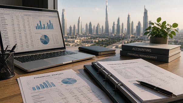 Printed financial statements and a laptop with spreadsheets on a desk above the Dubai skyline