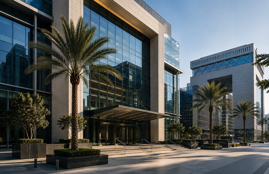 Glass and stone office towers in Dubai's financial district, with the DIFC Gate Building behind
