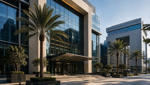 Entrance to a glass office tower in Dubai's financial district, palms lining the plaza