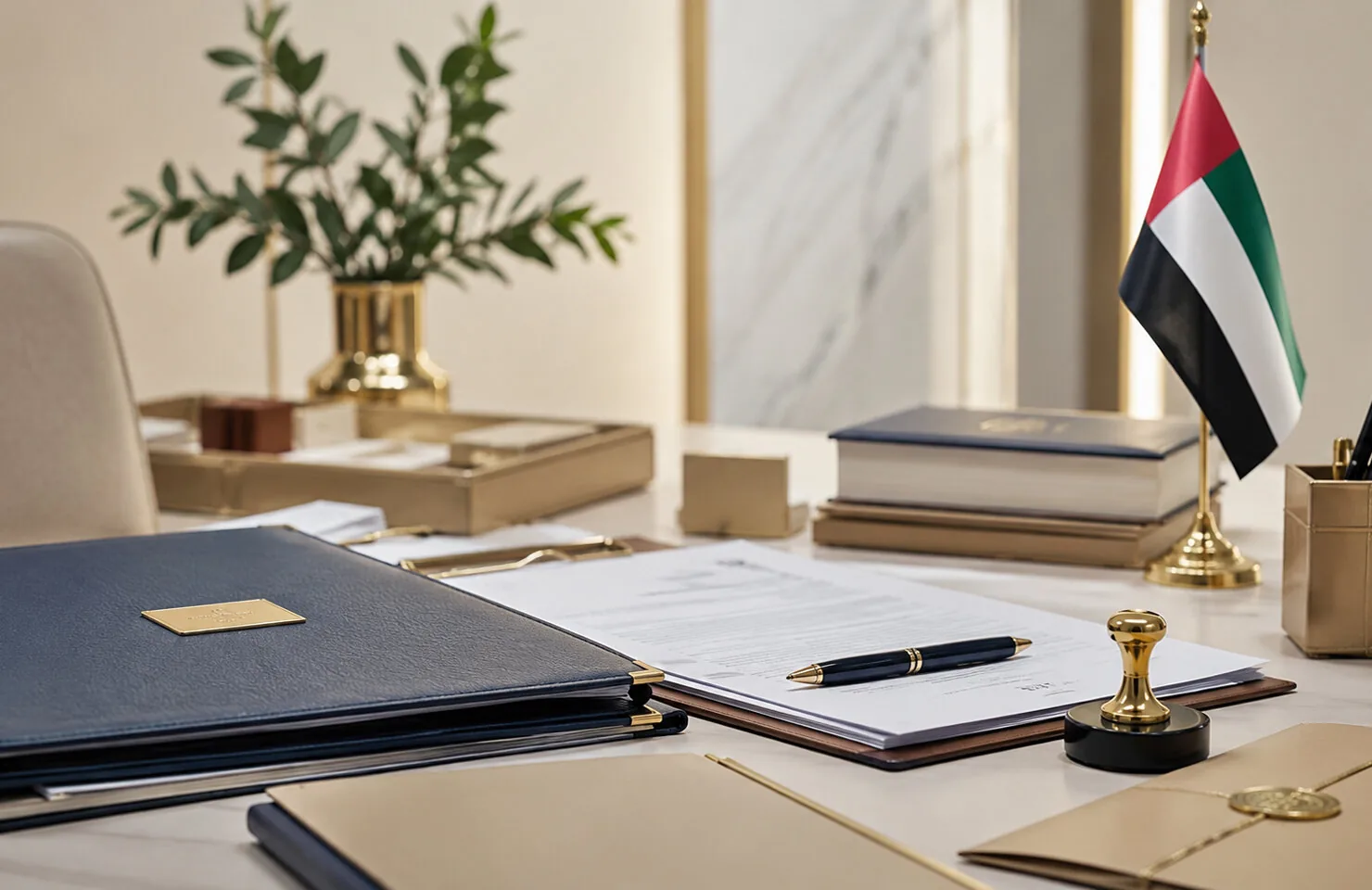 Corporate documents, company seal and UAE flag on a desk in a Dubai office
