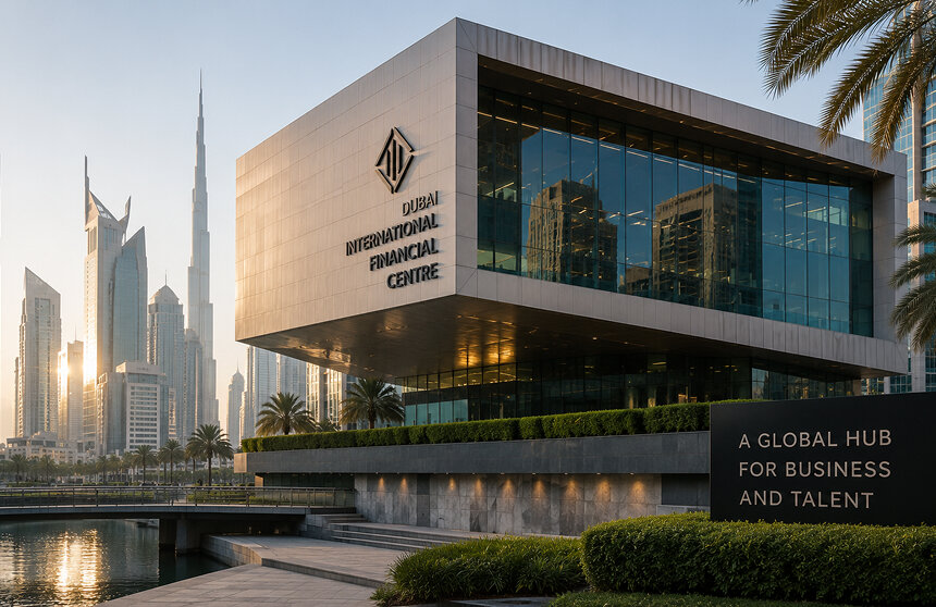 Dubai International Financial Centre building at sunset with the Downtown Dubai skyline behind