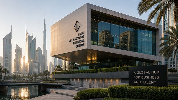 Dubai International Financial Centre at sunset beside a sign reading 'A global hub for business and talent'