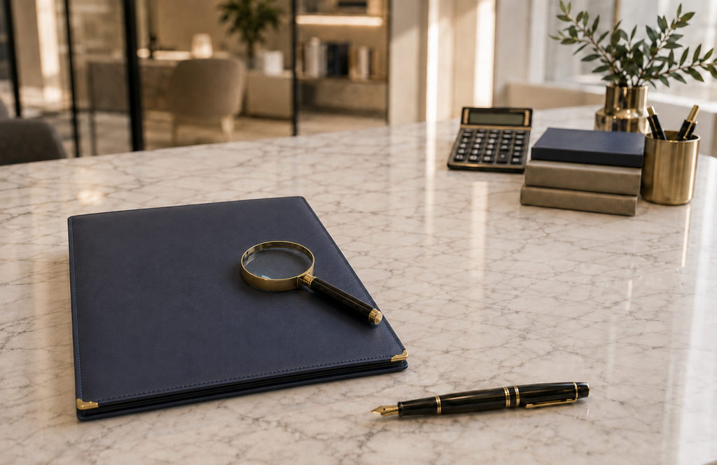 A magnifying glass on a blue document folder and a fountain pen on a marble desk, representing tax audit and supplier due diligence procedures