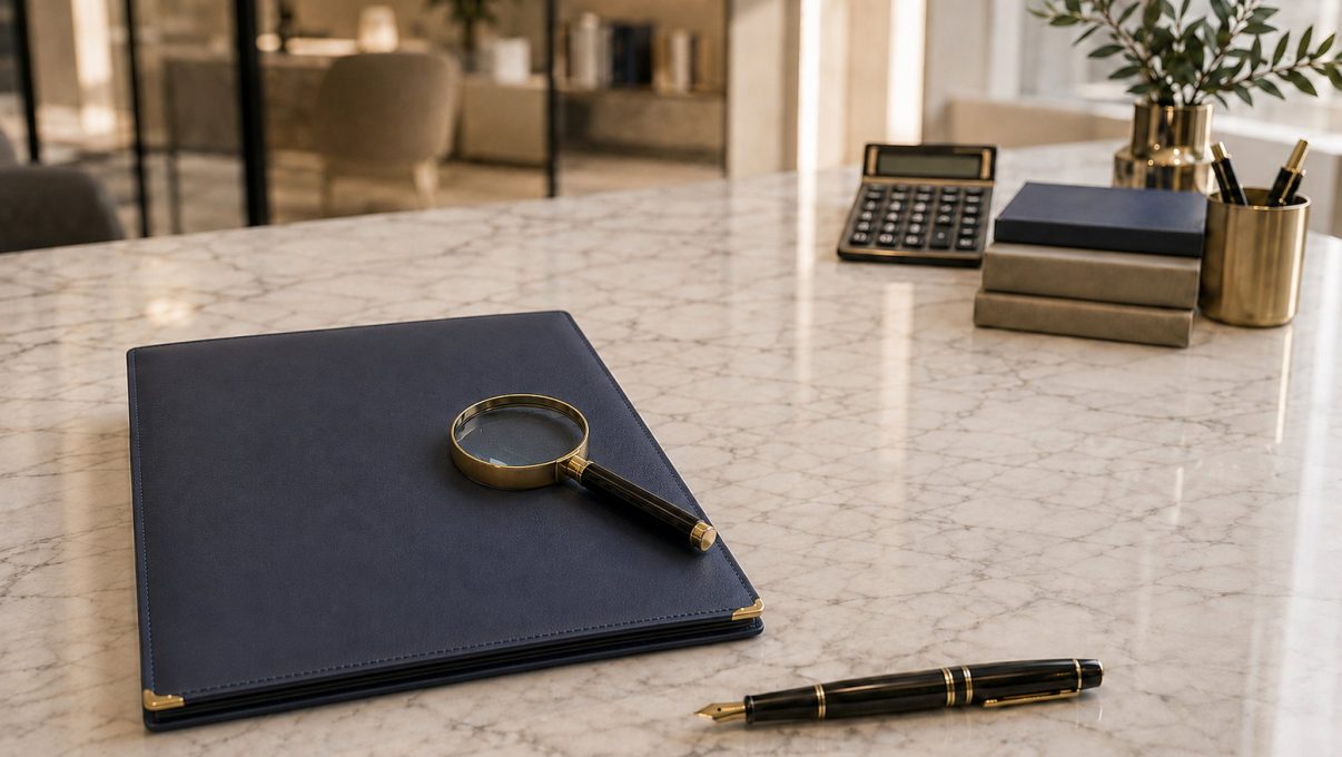 A magnifying glass on a blue document folder and a fountain pen on a marble desk, representing tax audit and supplier due diligence procedures