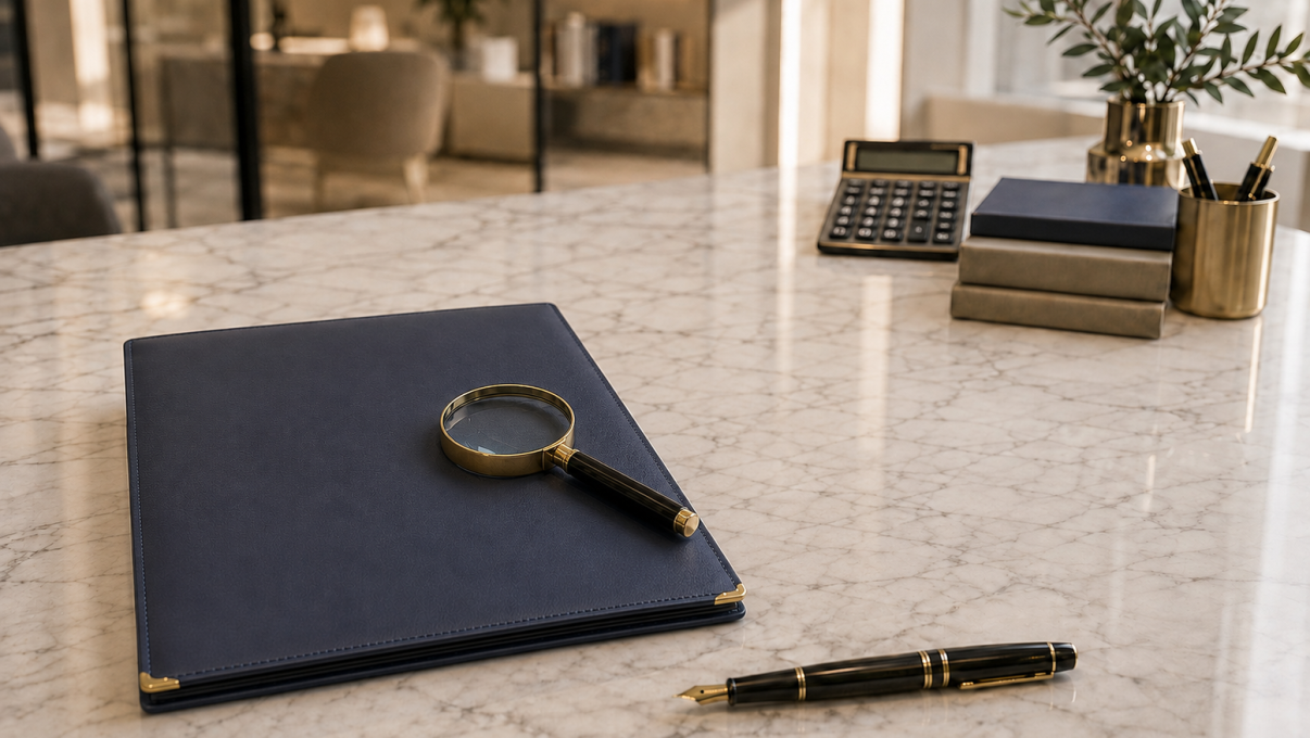 A magnifying glass on a blue document folder and a fountain pen on a marble desk, representing tax audit and supplier due diligence procedures