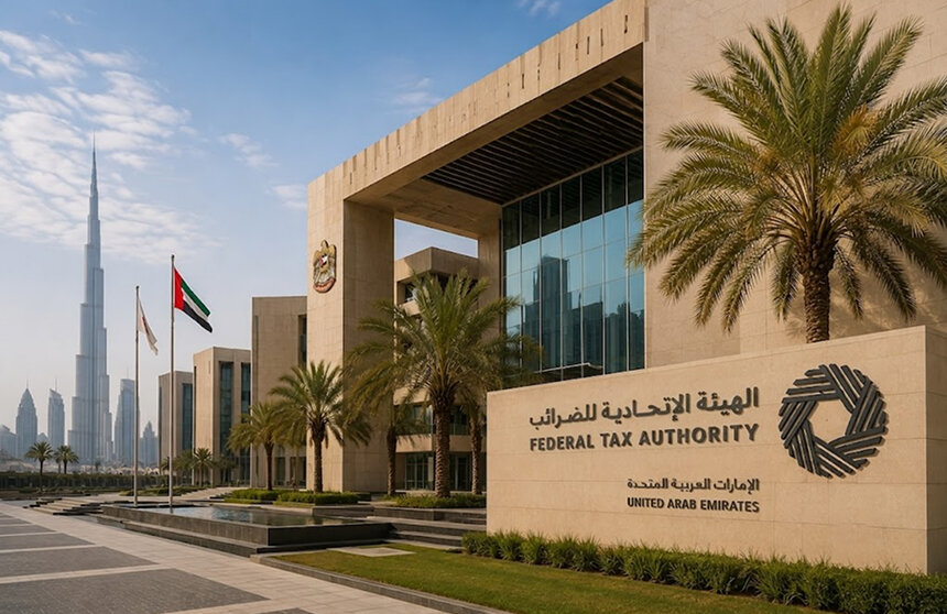 Federal Tax Authority headquarters in Dubai with the UAE flag and Burj Khalifa behind