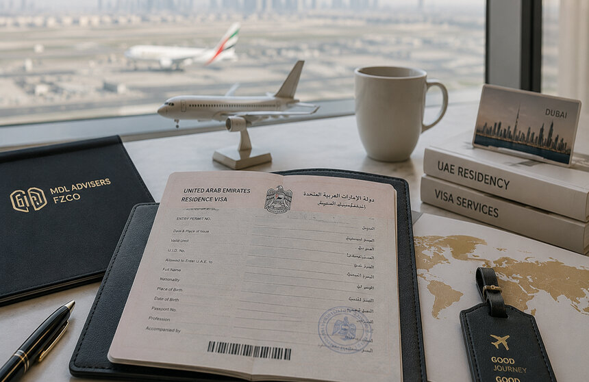UAE residence visa application form, passport folder and model aircraft on a desk overlooking Dubai airport