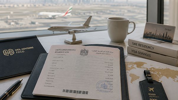 UAE residence visa form open in a document folder beside a model aircraft and residency guides