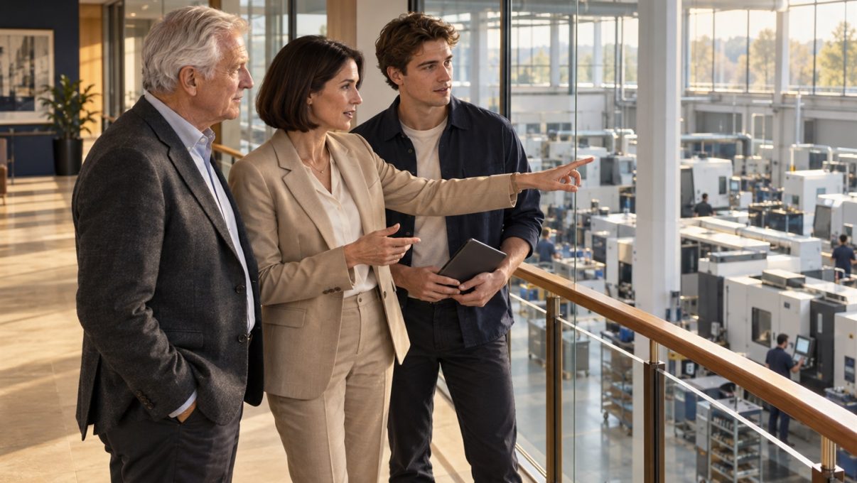 Three generations of a business-owning family discussing the future of their manufacturing company.